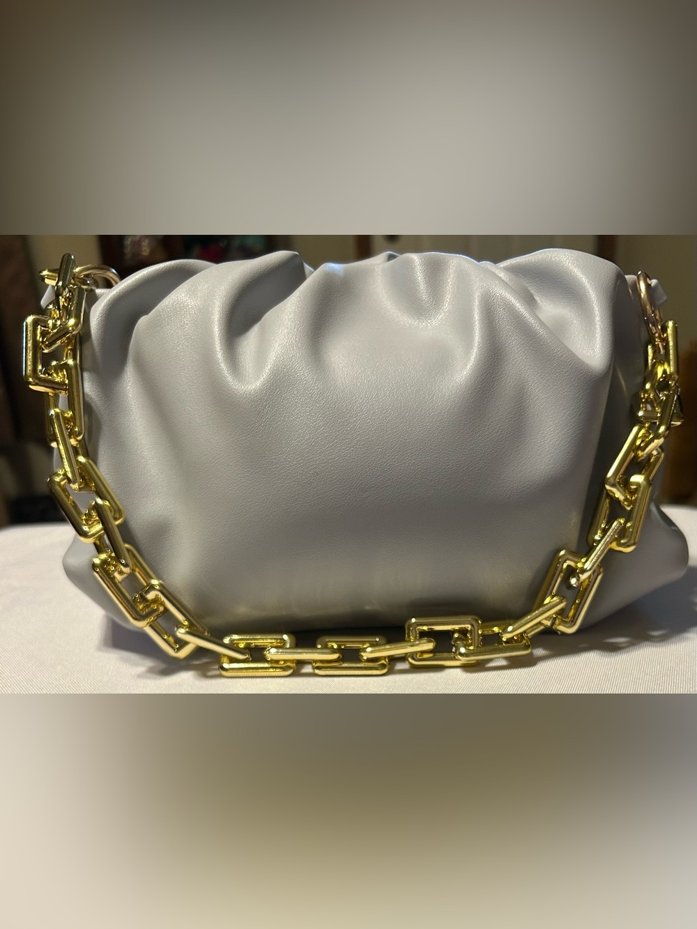 Gray Pouch Style Shoulder Bag with Plastic Gold-Tone Chain-Link Handle